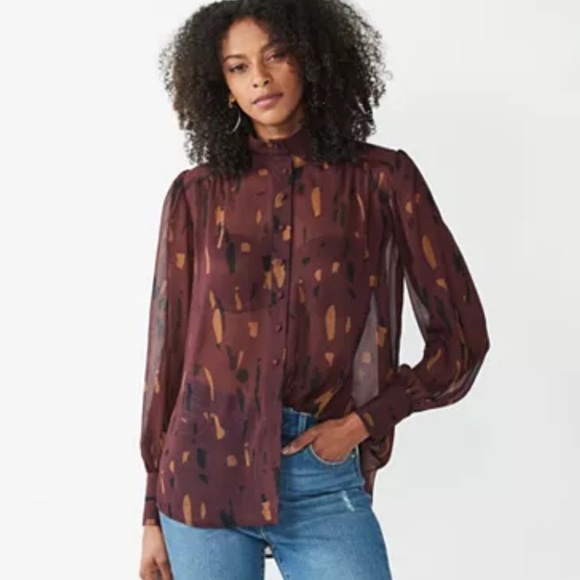Nine West Drapey Sheer Button Front Geometric Tunic - Picture 1 of 13